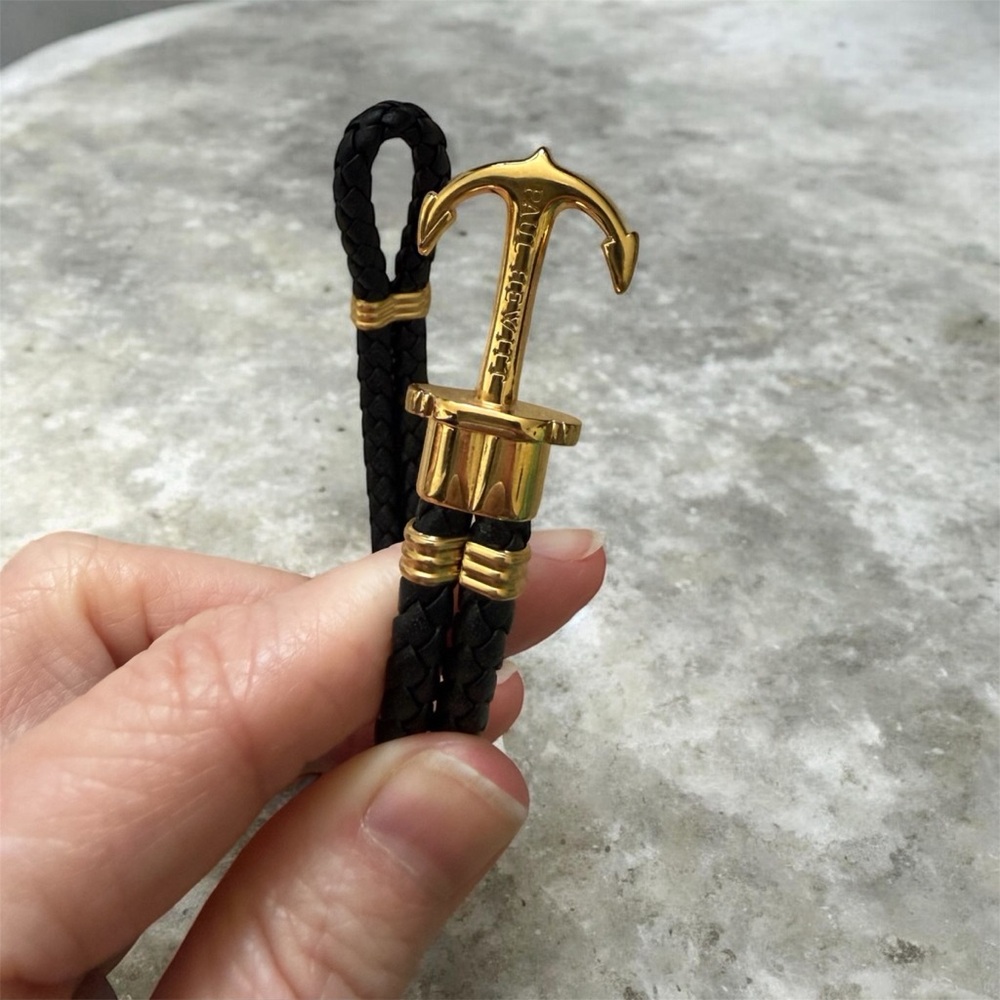 Gold and Black Braided Leather Bracelet -  Anchor Clasp - Picture 3 of 3